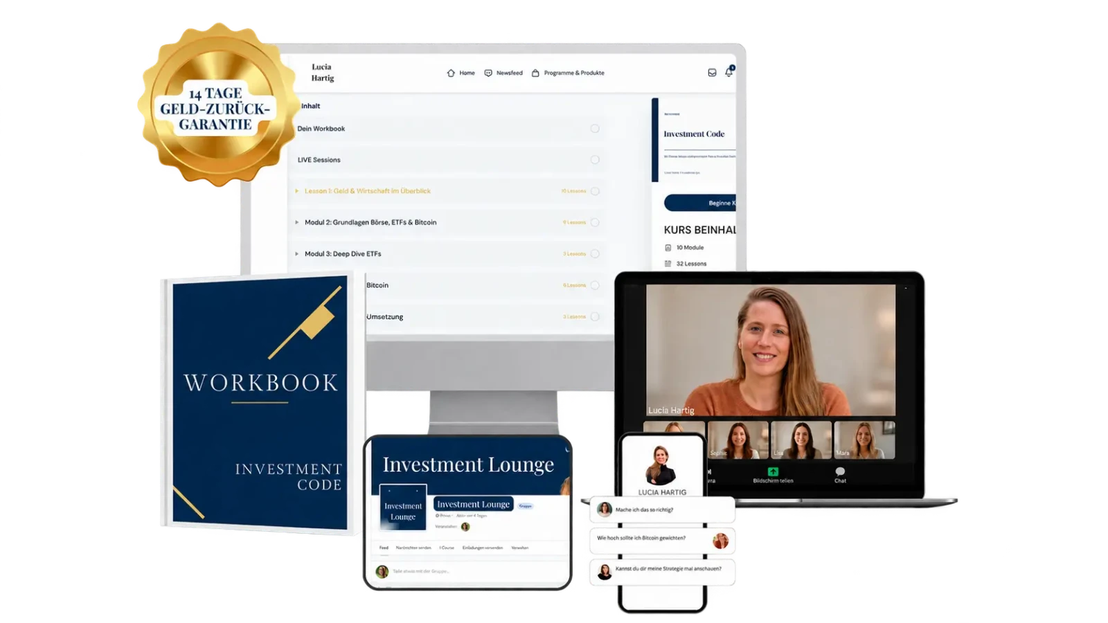 Mockup des InvestmentCode-Programms von Lucia Hartig mit Workbook, Laptop, Tablet und Smartphone