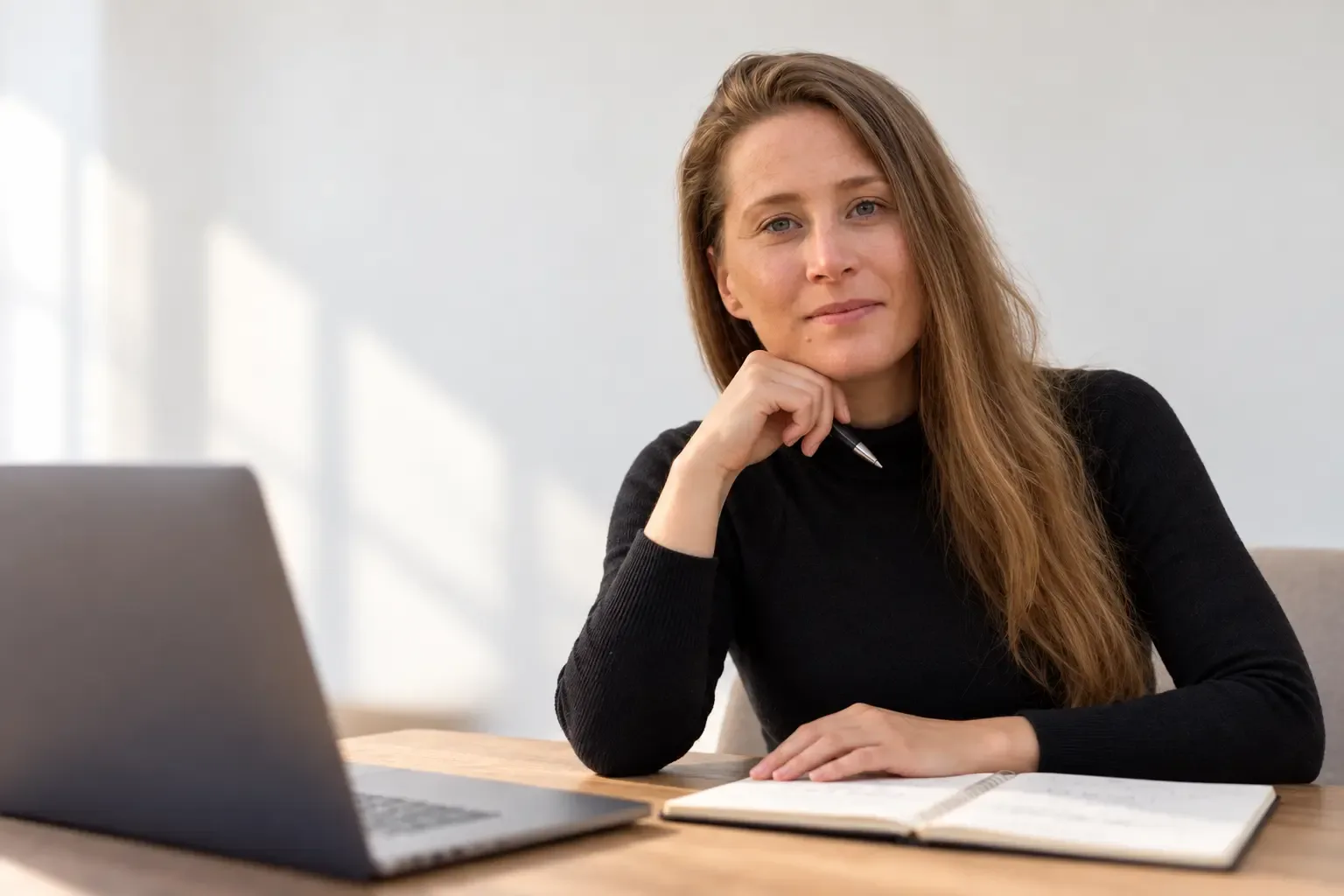Lucia Hartig am Schreibtisch mit Laptop und Notizbuch bei der Investment-Strategie