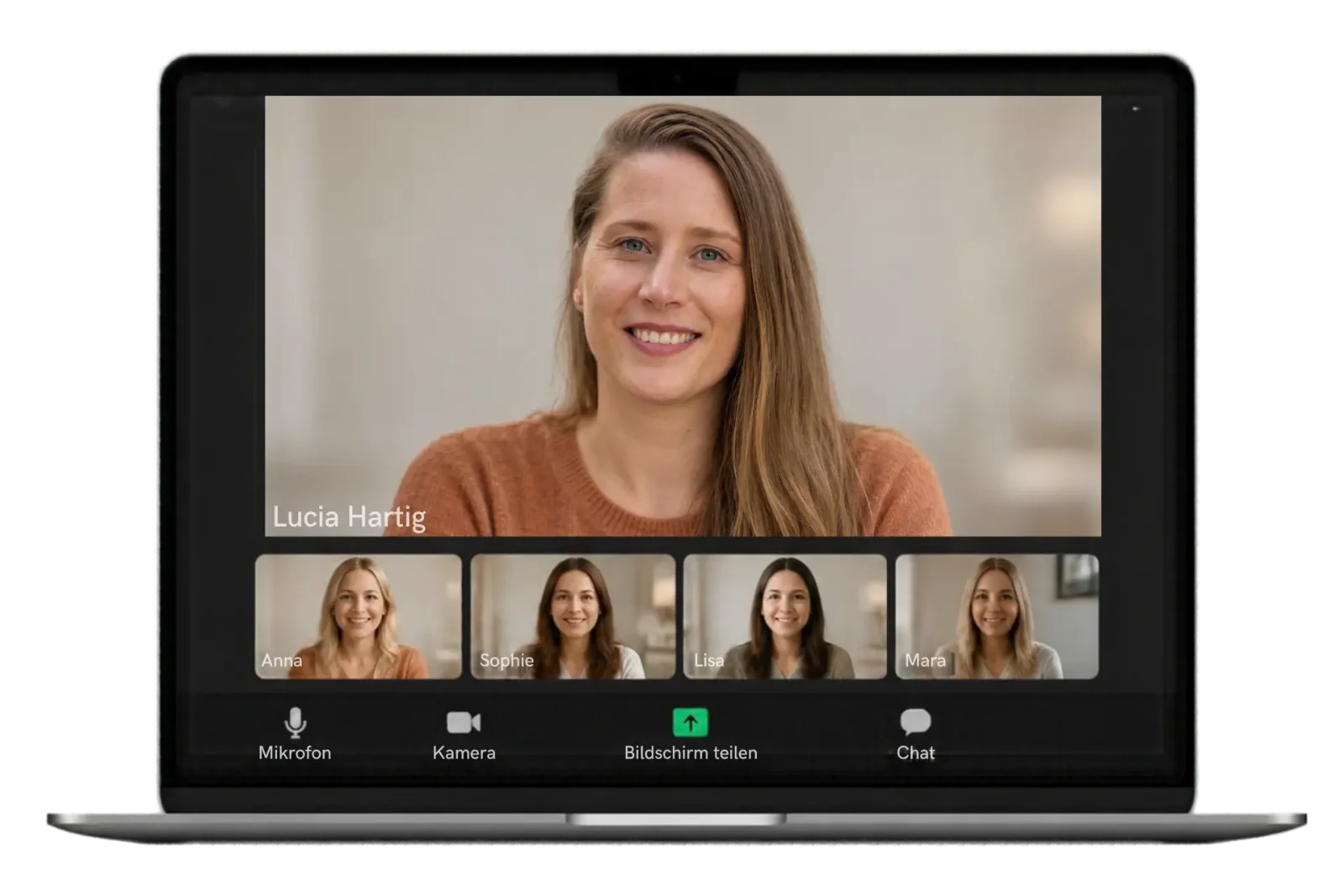 Laptop mit Gruppen-Videocall: Lucia Hartig leitet ein Live-Webinar zum Investieren für Frauen